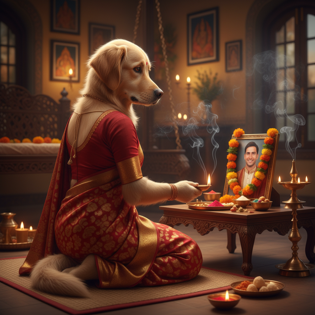 Scene: Traditional Indian home, anthropomorphic female dog performing puja for deceased husband. Camera Movement: Opening Shot (Wide Angle) – Slow dolly-in from the corner of the room, showing the…