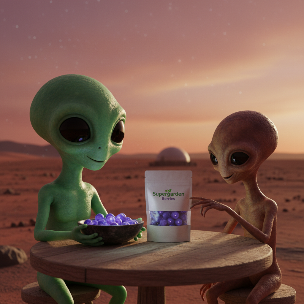 Nano Banana Prompt: Use the reference image ONLY for the Supergarden berries packaging design and logo accuracy. The Supergarden logo must be clearly readable and visible, but naturally integrated — not glowing, oversized, or appearing like an advertisement. The packaging should have realistic material texture, correct proportions (around 10 cm tall, the height of the bowl), and lighting consistent with the environment. It should sit naturally on the table, photographed as part of the scene, not staged. The scene shows two friendly aliens sitting together at a simple table on the surface of Mars at sunset. One alien is holding a bowl filled with Supergarden berries while the other reaches toward them. The aliens must look organic and expressive — **not robotic, metallic, or wearing sci-fi armor, helmets, or gear**. They may be unclothed or have simple, natural body textures. The setting features a red Martian landscape, warm sunset tones, soft dust in the air, realistic shadows, and cinematic depth of field. The overall look is photorealistic with subtle stylized sci-fi atmosphere, balanced composition, and natural realism. No added text, glowing effects, or ad-like elements.