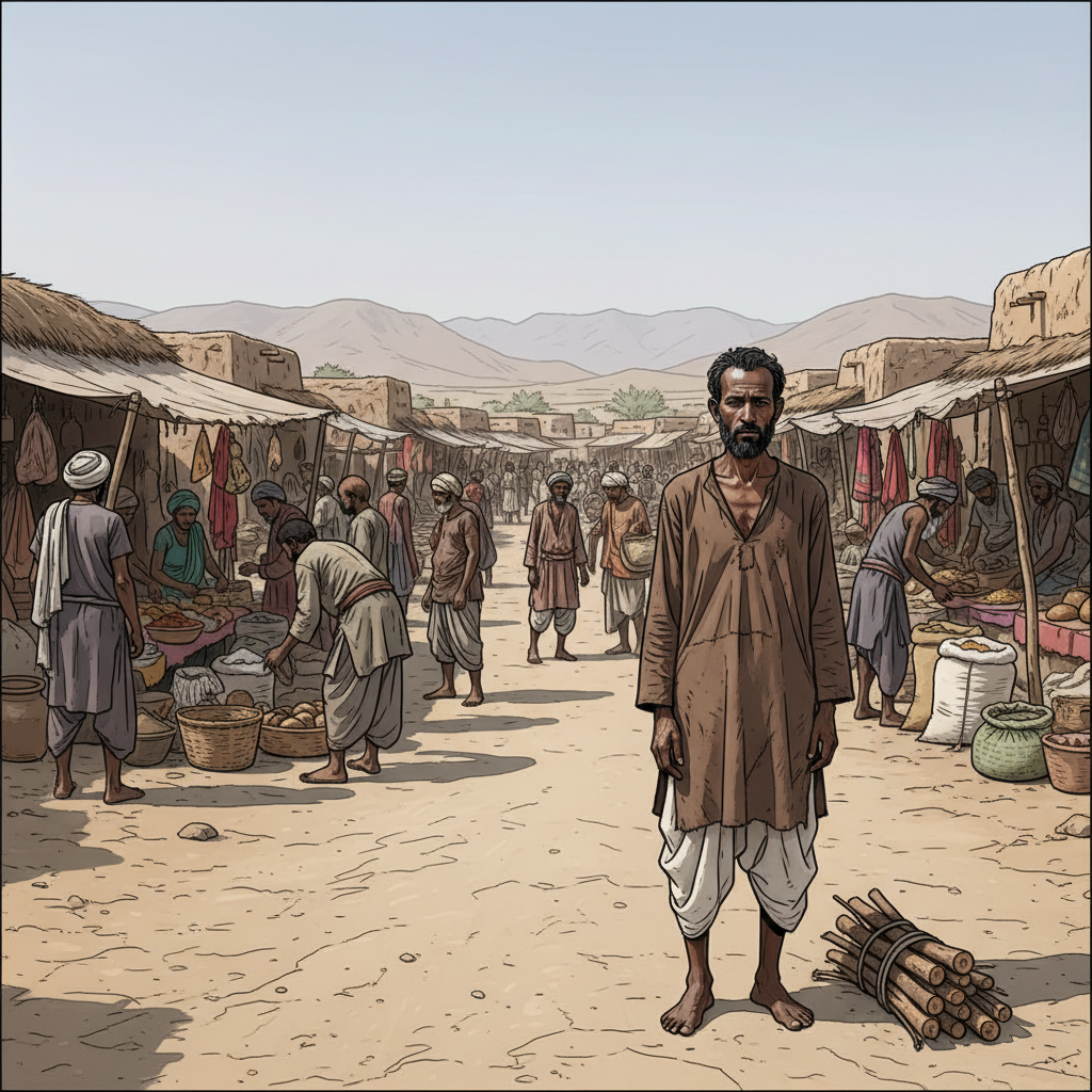 Landscape wide market scene. A poor woodcutter named Yusuf, 30 years old, lean body, dark brown skin, simple bearded face, humble and tired eyes. He wears ancient tribal market-era clothing: a faded…