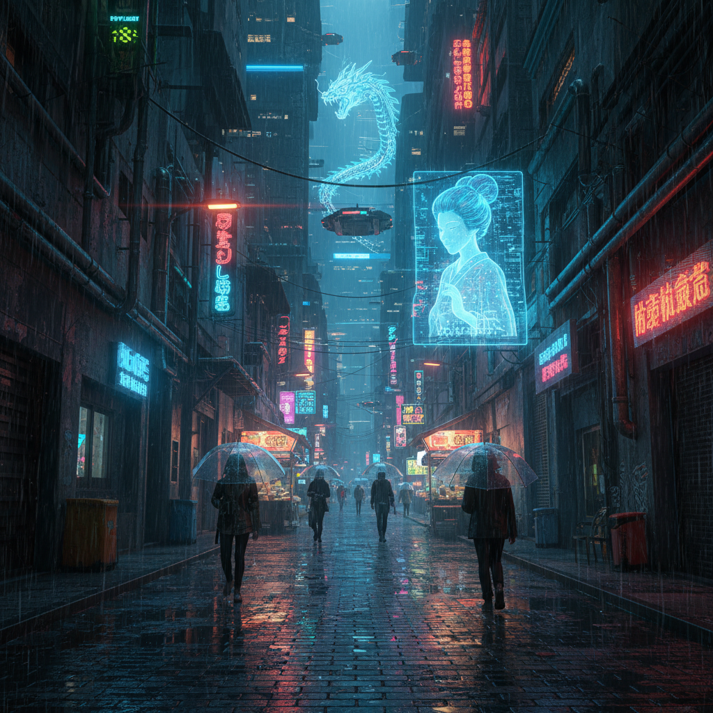 Cyberpunk city street at night, neon signs reflecting on wet pavement, rain-soaked atmosphere, glowing holograms, moody cinematic lighting, dynamic perspective, pedestrians with umbrellas, high-detail urban textures