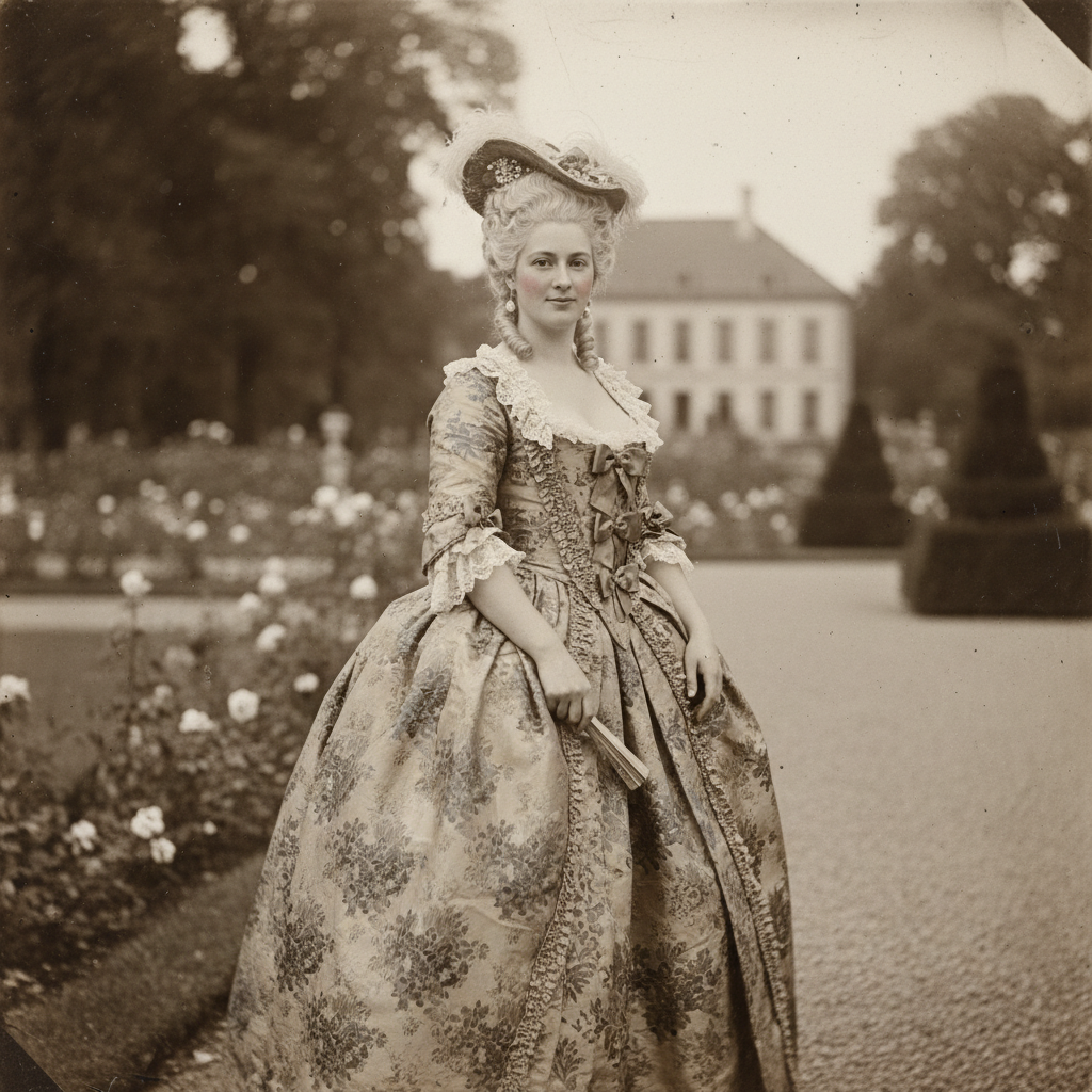 1760s woman,, historically accurate clothing and hairstyle