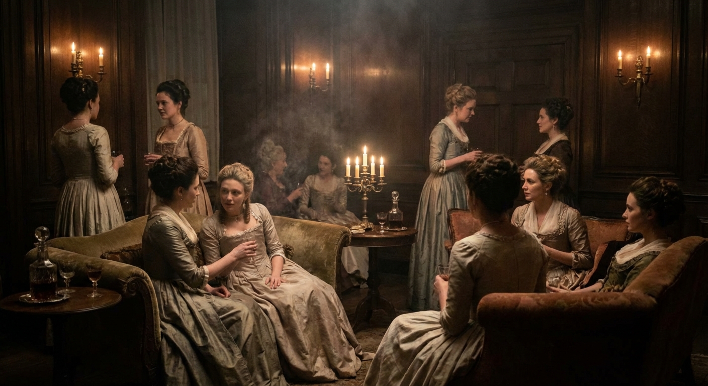 A low-angle, intimate shot captures a bustling yet dimly lit parlor within a Georgian brothel in London, 1760. Soft candlelight from sconces and a central candelabra casts warm, flickering shadows on women in fashionable yet slightly disheveled silk and linen gowns, their powdered hair adorned with ribbons or simple caps. Some lounge on plush velvet settees, others stand by ornate wooden paneling, conversing or observing. Small mahogany tables hold decanters and half-empty glasses. The air is thick with a mix of perfume, smoke, and hushed conversations.