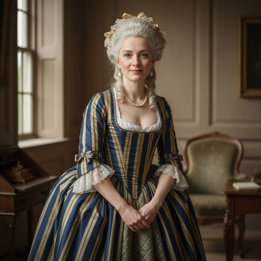 1760s woman,, historically accurate clothing and hairstyle. bending over towards camera