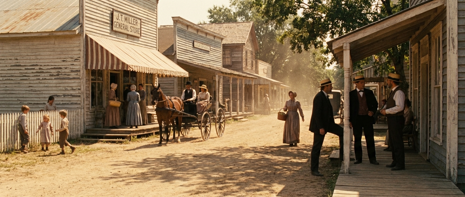 A wide-angle, eye-level shot looking down the main dirt street of a small, sun-drenched Southern town in late morning. Wooden storefronts with awnings line the street, their clapboard siding showing signs of wear. A horse-drawn buggy is parked near a general store. Men in dark suits, vests, and straw hats chat on the wooden boardwalk, while women in long, conservative dresses with high necklines and bonnets carry market baskets. Children in simple, practical attire play near a picket fence. Sunlight casts dappled shadows and illuminates dust motes rising from the road.