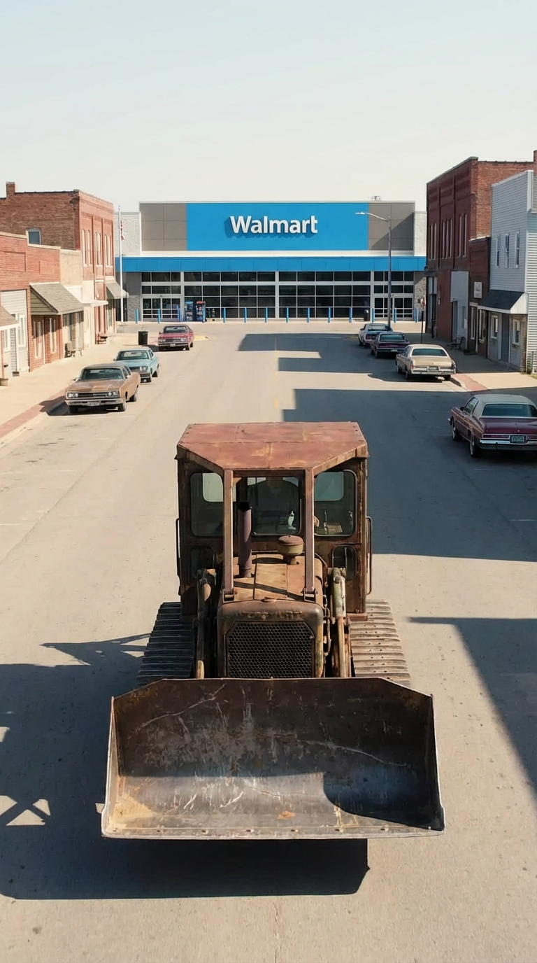 Portrait format 9:16, daytime lighting.
Perspective: top-front view, angled at 45 degrees, camera positioned behind the bulldozer, medium shot, showing the street and Walmart clearly.
Street: small town with low-rise buildings of various shapes and sizes lining both sides. Parked cars along the street, no pedestrians. Maximum realism, cinematic lighting, ultra-detailed textures.
Walmart store at the end of the street:
The lower two-thirds of the building is a glass facade.
The upper third features the traditional Walmart signage, blue background with white letters, spanning the width of the building.
Bulldozer positioned in the middle of the street, moving forward toward the Walmart:
Cabin is at the rear, fully welded with metal plates, no glass, scratched and rusted, realistic textures.
Engine is located in front, behind the bucket.
Bucket is in front, facing the Walmart, leading the movement.
The rear of the bulldozer, containing the cabin, faces the camera.
The bulldozer moves forward, bucket first, cabin at the rear, engine in front.
Repeat key details to reinforce orientation: cabinet at rear, engine in front, bucket in front, moving toward Walmart, rear visible to camera.
Wide view, deep perspective, full street visible, bulldozer centered and moving toward Walmart.