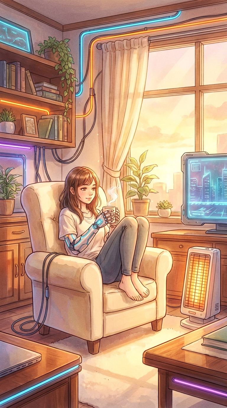 Cozy living room interior at golden hour, soft light through window, warm wood tones, plush textures, inviting atmosphere, Enhance face and hands, Add futuristic cyberpunk vibes, Enhance face and…