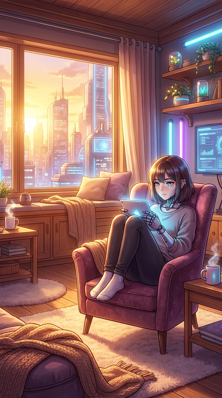 Cozy living room interior at golden hour, soft light through window, warm wood tones, plush textures, inviting atmosphere, Enhance face and hands, Add futuristic cyberpunk vibes, Enhance face and…