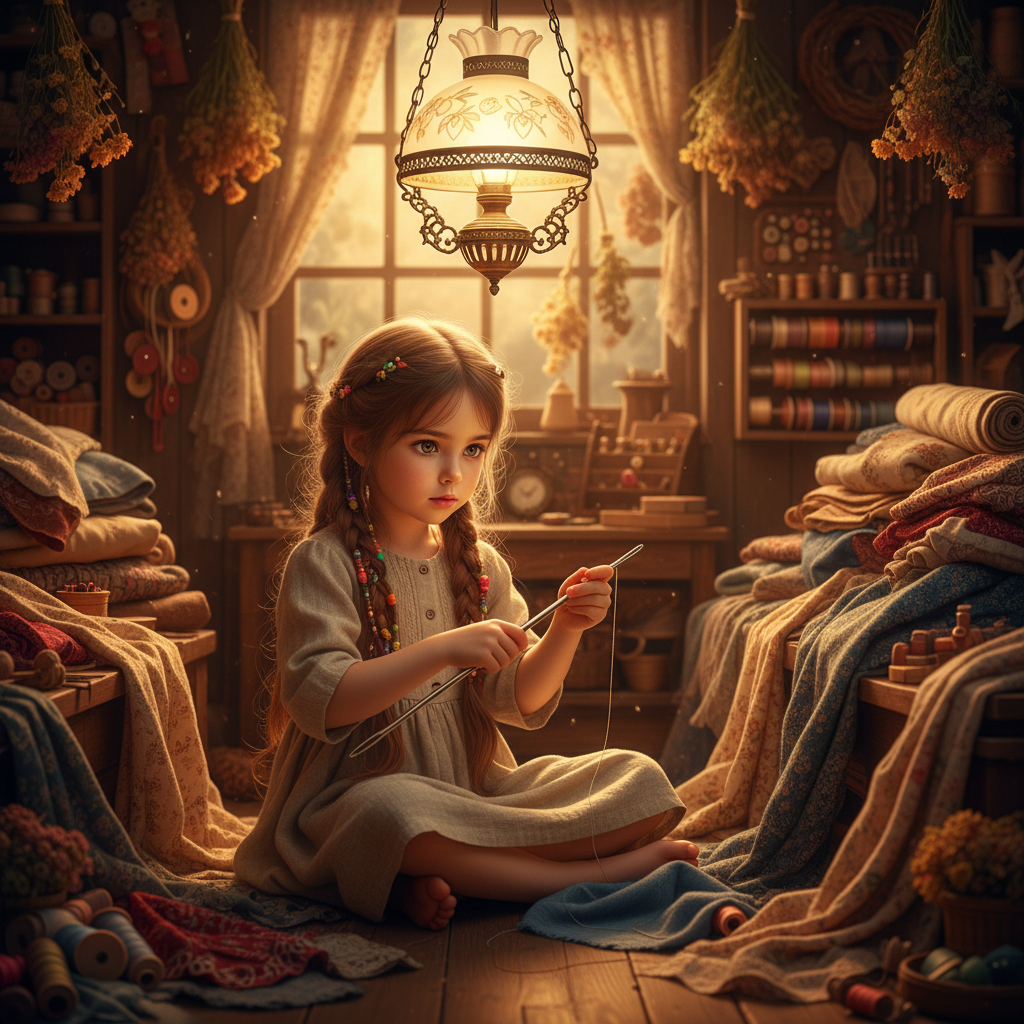 الخياطة الصغيرة: فتاة صغيرة ذات ضفائر طويلة مرصعة بخرز ملون، تجلس على أرضية متجر خياطة مكتظ. ترتدي ثوباً من الكتان وعيناه واسعتان بلون العسل، تمسك بإبرة خياطة طويلة بشكل غير مألوف. حولها تتدلى أقمشة…