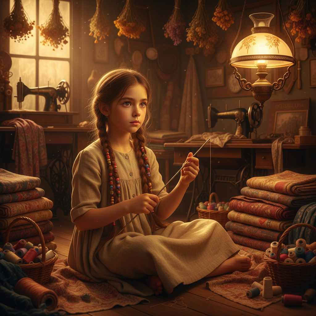 الخياطة الصغيرة: فتاة صغيرة ذات ضفائر طويلة مرصعة بخرز ملون، تجلس على أرضية متجر خياطة مكتظ. ترتدي ثوباً من الكتان وعيناه واسعتان بلون العسل، تمسك بإبرة خياطة طويلة بشكل غير مألوف. حولها تتدلى أقمشة…