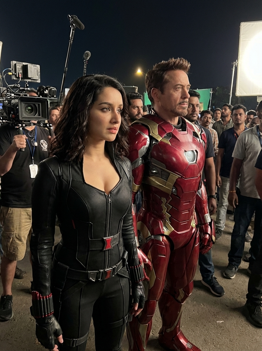Make this indian actress shardhha kapoor in marvel character black widow outfit. The outfit has perfect to flaunt.She is at movie set. Many peoples are there. She is standing near rdj iron man .…