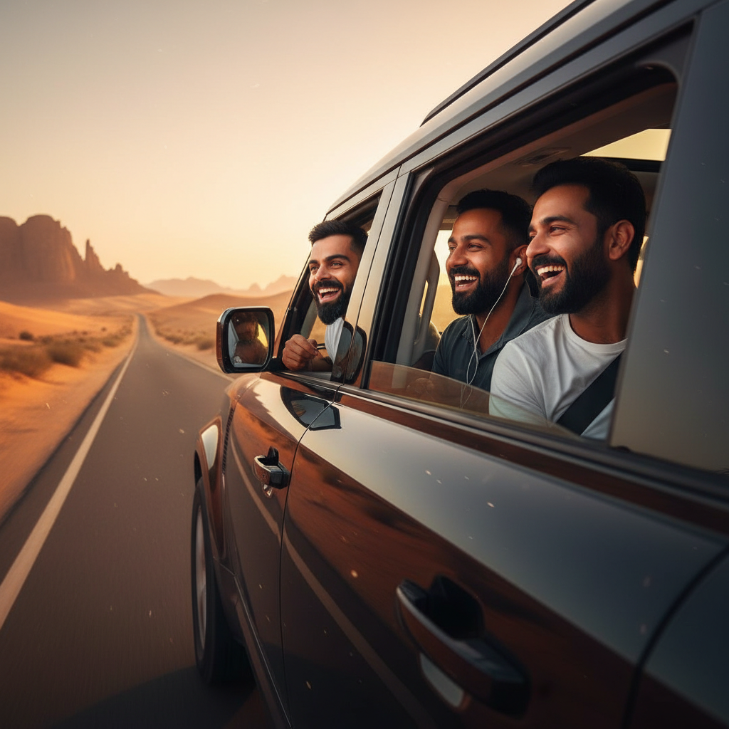 “Create a cinematic side-view image showing Virat Kohli, Rohit Sharma, and Gautam Gambhir sitting together inside a modern Defender SUV. They are very happy, smiling and enjoying music, gently moving their heads as if vibing. Show them clearly through the car windows. Background should be a beautiful desert with sand dunes, and a smooth highway road passing through it. Warm sunset lighting, clean side profile of the car, realistic faces, joyful expressions, high detail, ultra-realistic but vibrant look, 8K quality, cinematic composition.”, Make it more detailed, Make it more detailed, Make it more detailed, Make it more detailed, Make it more detailed