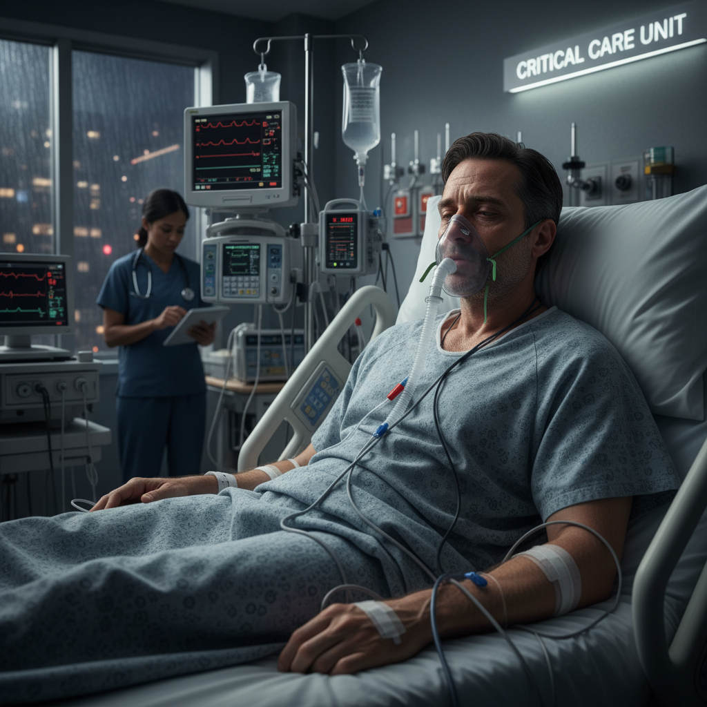 Create a picture of Michael weatherly in the hospital and is critically sick, Make it more detailed, Make it more detailed