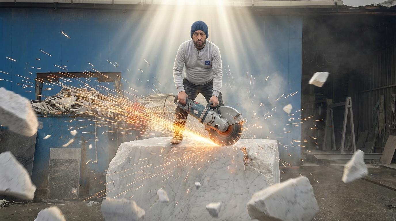 Without altering my facial features or body proportions in any way, place a professional marble-cutting angle grinder in my hand. Position me hovering above a massive marble block in a powerful, godlike stance, as if I am about to cut into it. Add dramatic dust particles in the air, sparks flying from the grinder, and subtle marble debris for realism. Use strong cinematic lighting with divine light beams shining down on me, creating an epic, high-intensity atmosphere. Ensure the composition is dynamic, ultra-realistic, and visually striking.