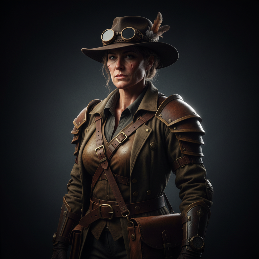 Cinematic portrait of a confident explorer, sharp focus, dramatic studio lighting, volumetric rim light, 85mm lens, high contrast, rich textures, ultra-detailed skin, subtle grain, award-winning photography