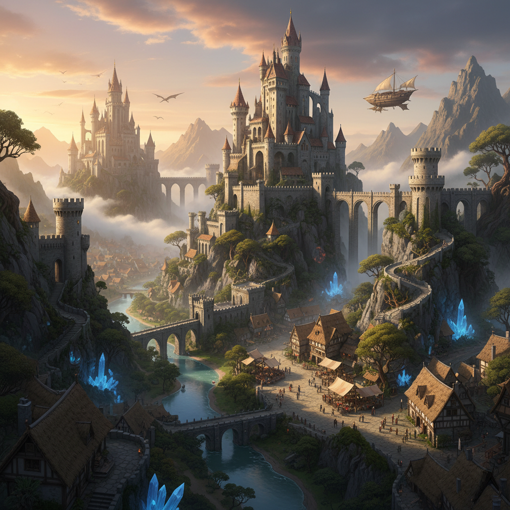 fantasy landscape with castles and medieval houses
