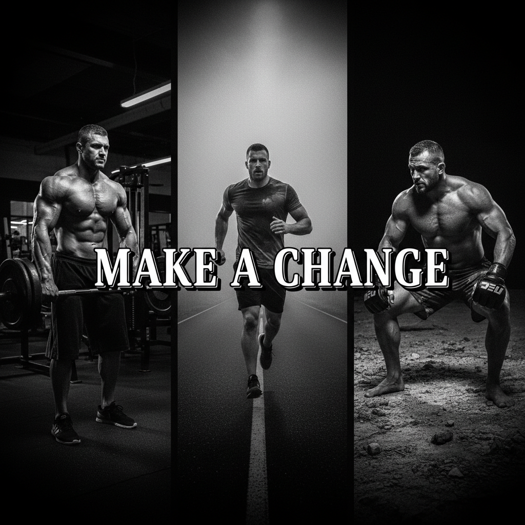 High-impact motivational thumbnail, black and white gritty aesthetic. Three vertical sections: 1) Left: bodybuilder training with heavy weights inside an industrial gym, dense shadows, grainy film…