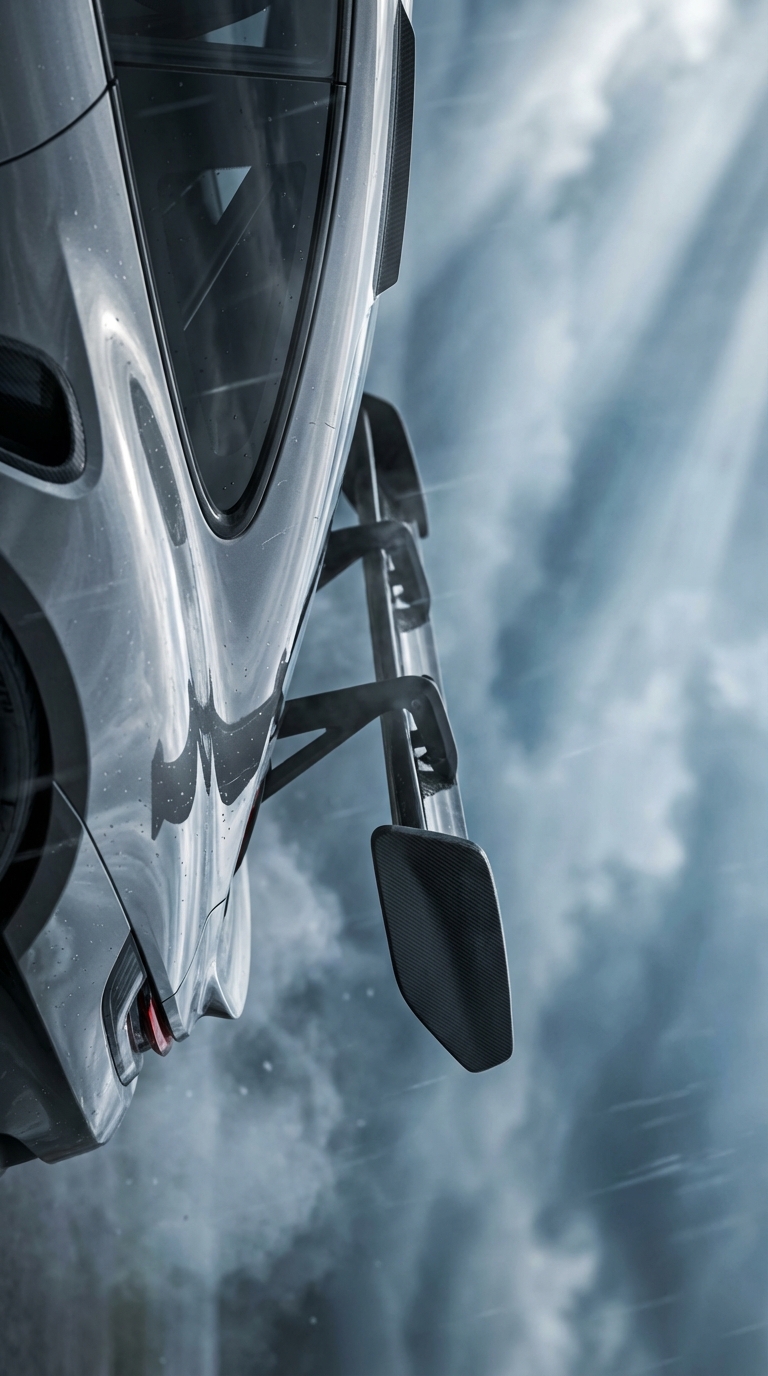 Ultra-realistic sky-borne photo of a gray Porsche 992 GT3 RS. Extreme close-up of the rear wing and rear quarter panel, slightly tilted, as if the car is charging through storm clouds. Metallic and…