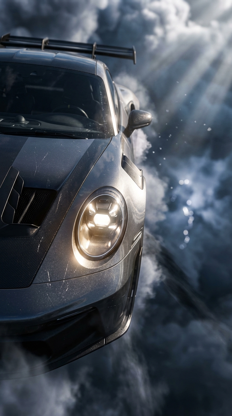 Ultra-realistic sky-borne photo of a gray Porsche 992 GT3 RS. Extreme close-up of the front headlight and fender, slightly tilted, as if the car is emerging through dark storm clouds. The headlight glow reflects across the metallic surfaces, sharp surface detail and realistic highlights. Surround the area with cloud streaks, mist particles, and subtle scratches on the body. Strong overhead light beams cutting through clouds, cool gray-blue ambient light, cinematic contrast, shallow depth of field, bokeh in the background. Hyper-detailed, 4K, vertical 9:16, photoreal, no text.