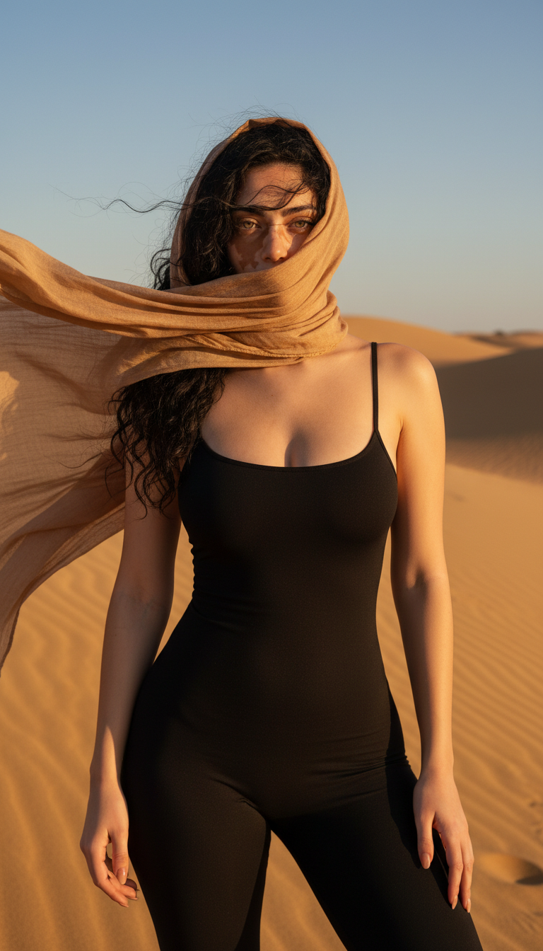 # ---------------------- # PROMPT (Main) # ---------------------- Ultra-realistic cinematic full-body photograph of a young woman standing in the desert, identical facial features to the reference…