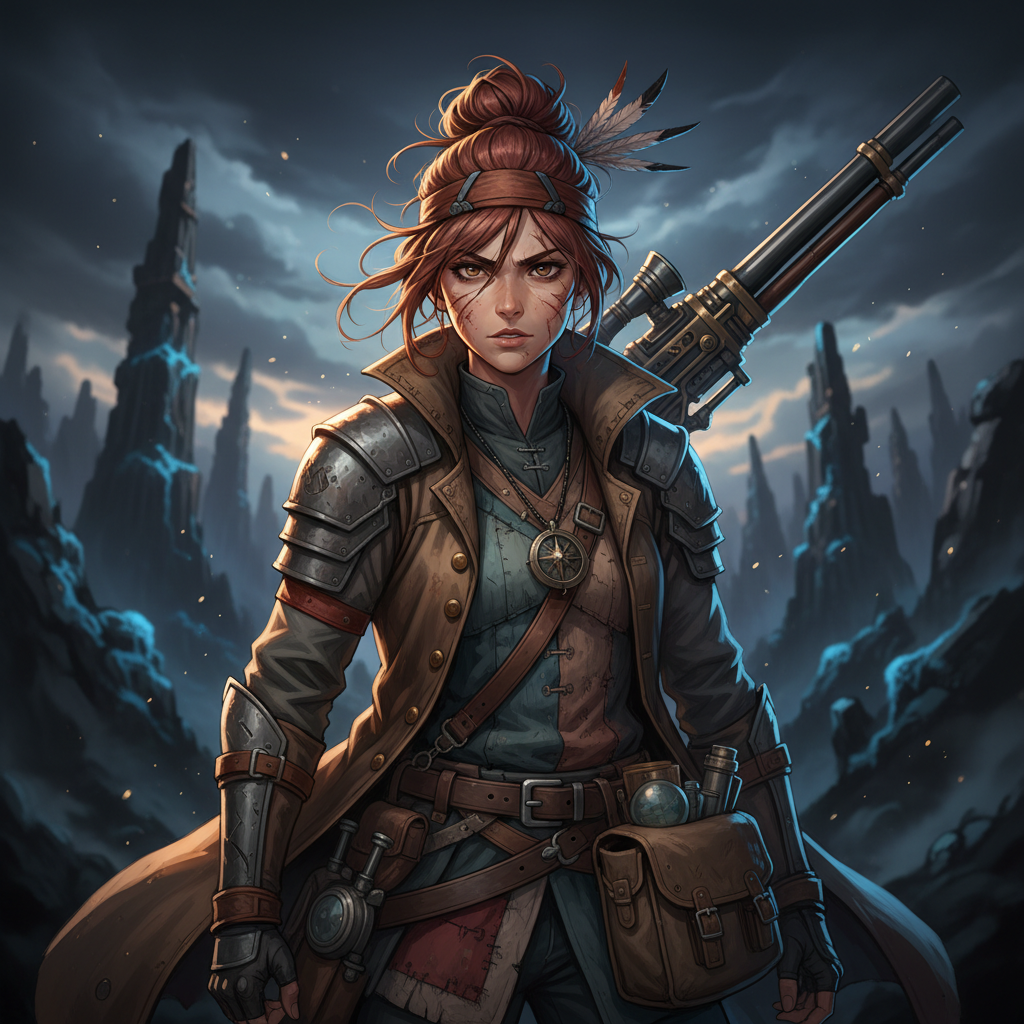 Cinematic portrait of a fearless explorer, rim lighting, ultra-detailed, 85mm lens, shallow depth of field, moody shadows, Make it more detailed, Turn into anime style