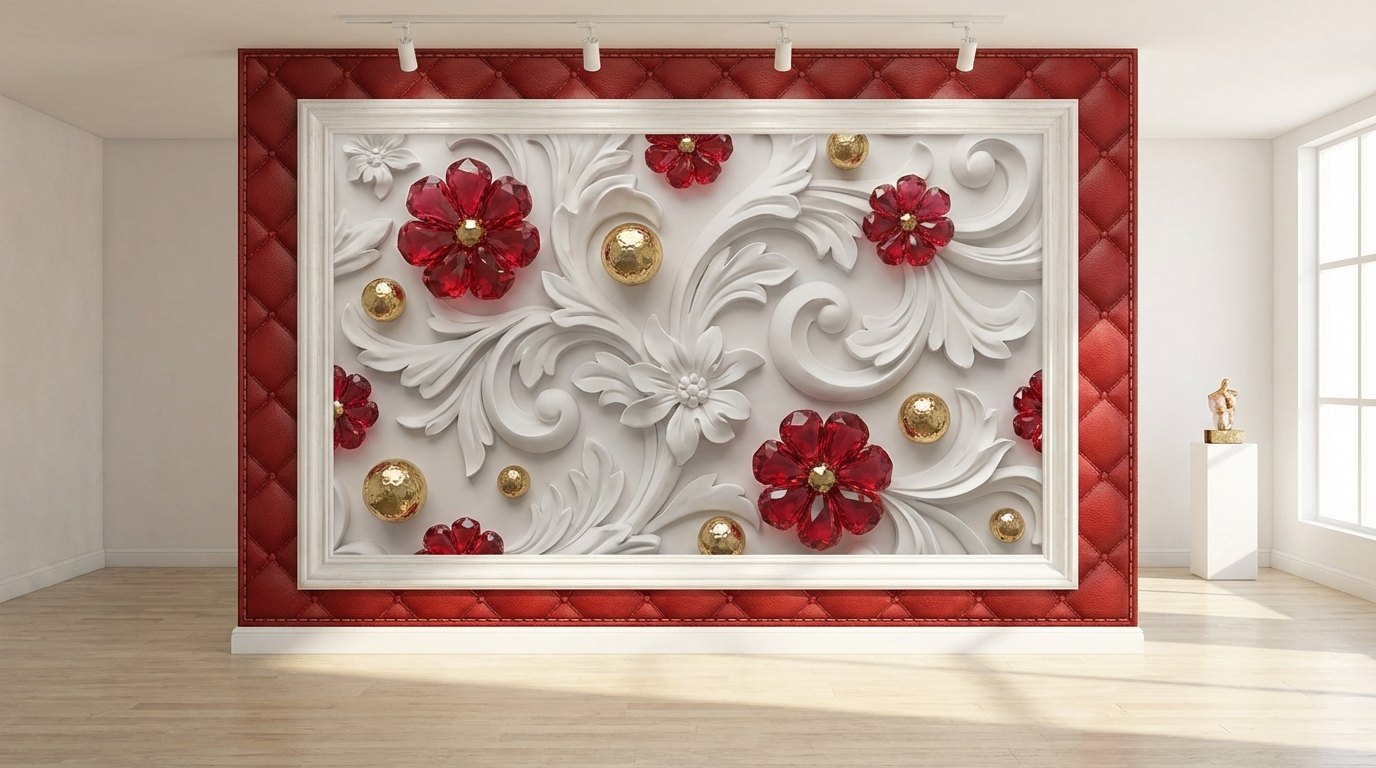 A highly detailed 3D digital rendering of a wall mural. The central design is a continuous, swirling white floral and leaf pattern in high relief. Large, stylized ruby red flowers and small golden…