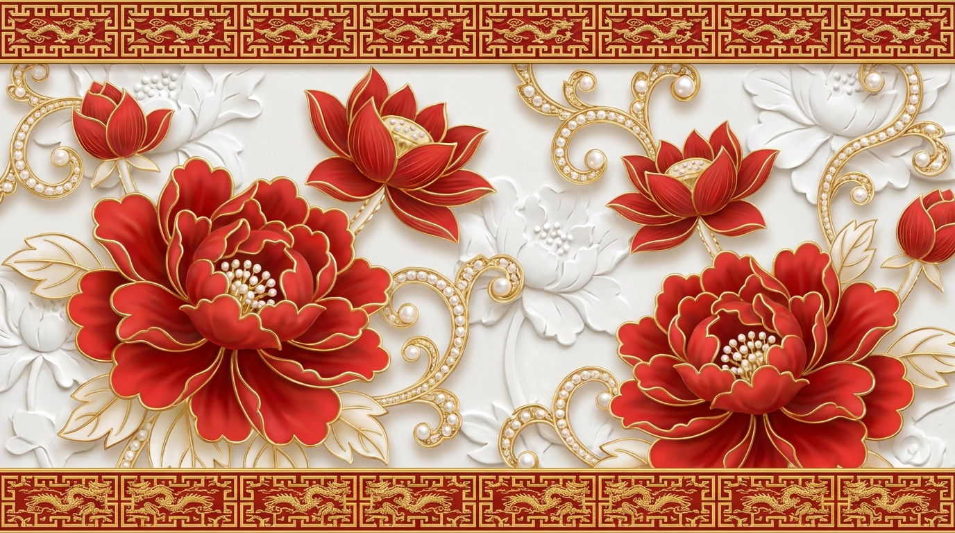 Opulent 3D wallpaper pattern using a white sculptural technique. The main motif is large 3D flowers in vibrant Chinese red and smaller decorative gold and pearl details. The top and bottom feature a…