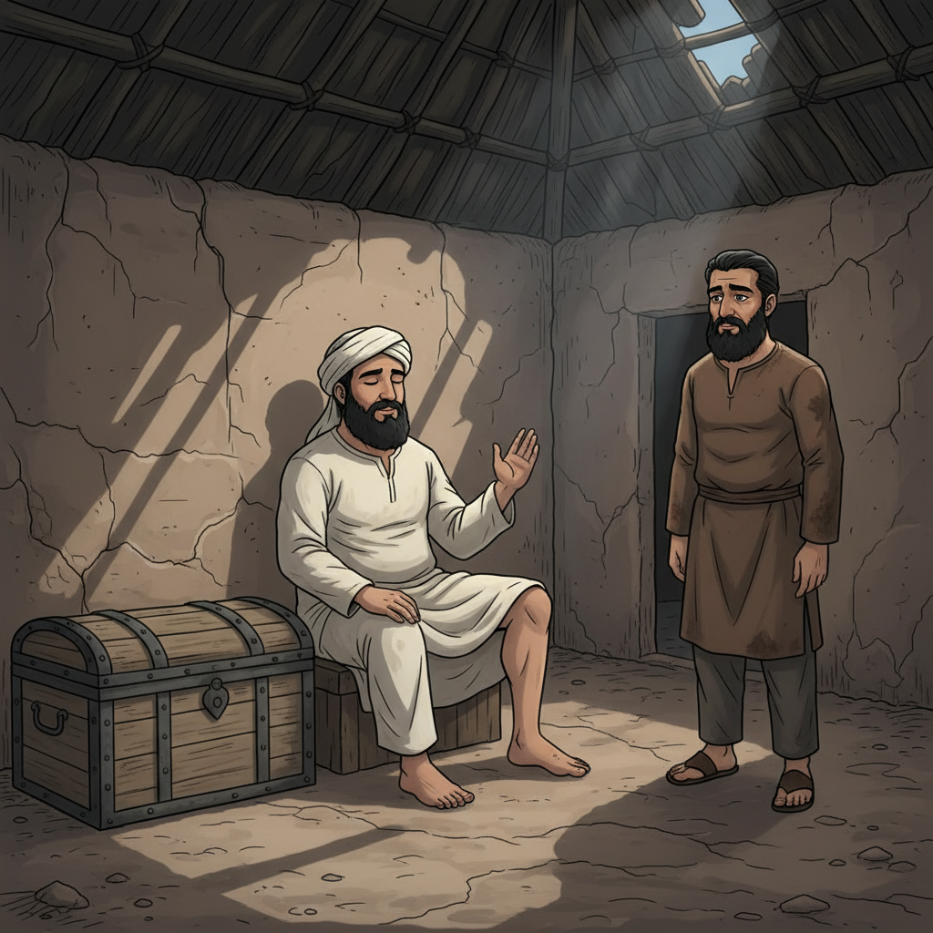 Illustration set inside the same broken mud hut at night. Location: cracked mud walls, small roof gaps letting moonlight fall inside, bare earthen floor, old wooden chest near the wall. Characters: Dervish Abdul and Sultan Zaid. Dervish Abdul, a 40-year-old tall and well-built man with wheatish complexion, thick black beard, blind eyes closed calmly, one leg resting due to lameness, is sitting with dignity. He wears clean cream-colored tribal clothes and a cream rumal wrapped around his head. He raises one hand while speaking peacefully, explaining that hardships are also a trust from God, and that only soul and faith will go to the grave. His face shows deep inner peace, patience, and contentment. Sultan Zaid, 45 years old, tall and strong, wheatish skin tone, thick black-and-grey beard, wearing simple dirty brown clothes, stands nearby listening seriously. His eyes are moist with emotion, face thoughtful and heavy with realization.  
all character have black outline.