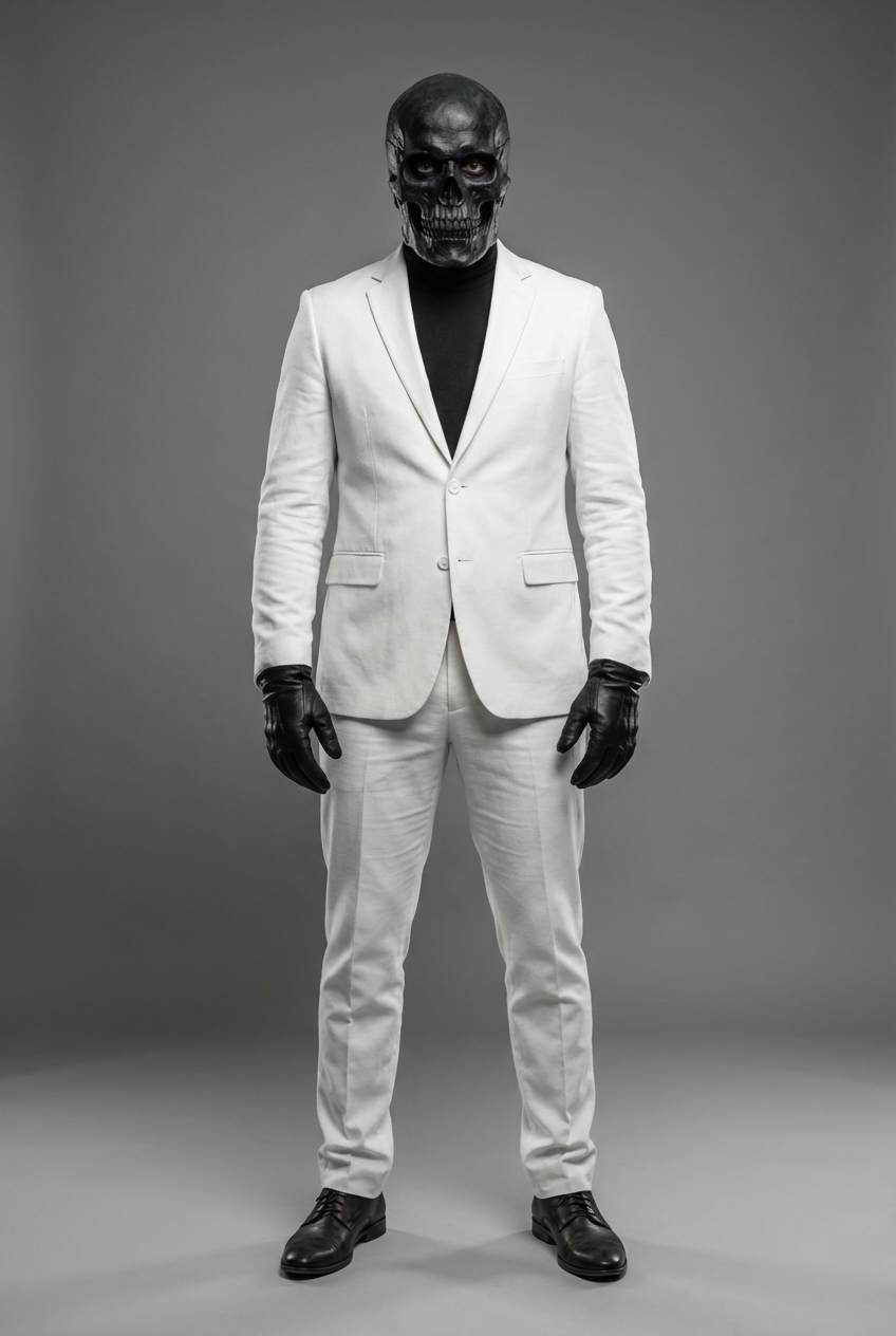Full-body portrait of a menacing figure standing straight, looking directly at the camera. He wears a full black skull mask covering the entire face, head, and neck, paired with sleek black leather…