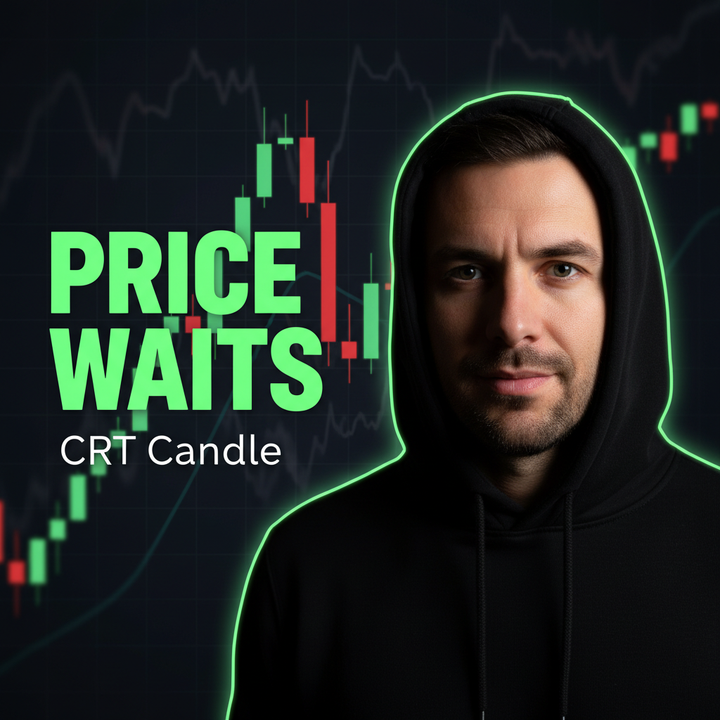 YouTube thumbnail, 16:9 aspect ratio, 1280x720. Dark background with subtle candlestick chart texture. A serious male trader face on the right side, hoodie, neutral confident expression, soft green…