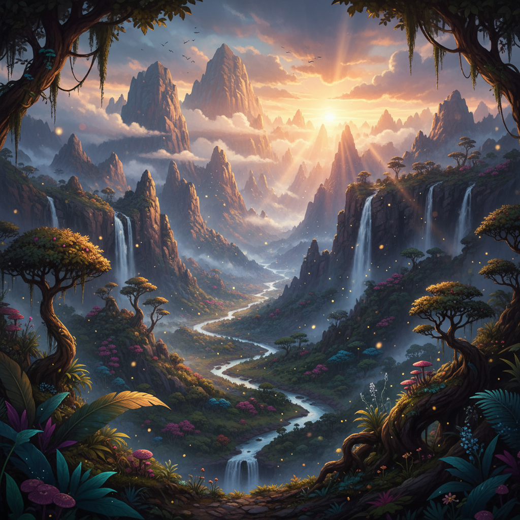 Expansive fantasy valley at sunrise, towering mountains, waterfalls, floating particles, god rays through clouds, ultra-wide shot, atmospheric depth, intricate foliage, cinematic color grading, painterly yet realistic