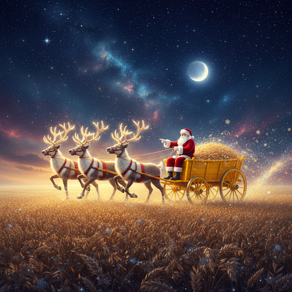4 rennes tirent un wagon jaune empli de céréales dans un ciel étoilé. Le père Noël est assis sur le rebord du wagon, guidant les rennes. L'esprit général est festif, avec un peu de magie, dans l'esprit de Noël.