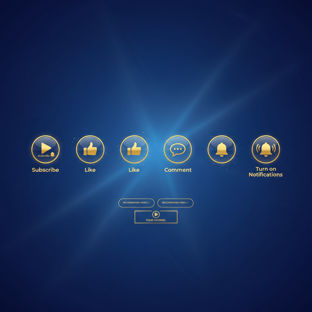 Create a sleek and modern YouTube end-screen animation with a golden and deep blue color scheme. Include four clear icons for Subscribe, Like, Comment, and Notifications arranged neatly. Add text next to each icon: 'Subscribe', 'Like', 'Comment', 'Turn on Notifications'. The animation should have a subtle glow effect, smooth transitions, and a professional, trustworthy look. Background should be elegant but not distracting, emphasizing the icons and text. Style should feel motivating and encourage viewers to take action. Duration: 8-10 seconds."