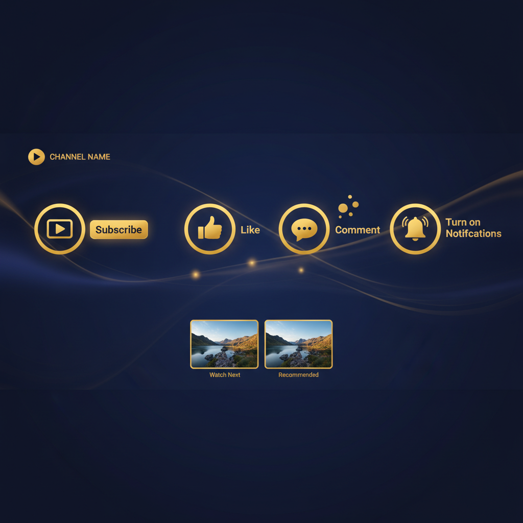 Create a sleek and modern YouTube end-screen animation with a golden and deep blue color scheme. Include four clear icons for Subscribe, Like, Comment, and Notifications arranged neatly. Add text next to each icon: 'Subscribe', 'Like', 'Comment', 'Turn on Notifications'. The animation should have a subtle glow effect, smooth transitions, and a professional, trustworthy look. Background should be elegant but not distracting, emphasizing the icons and text. Style should feel motivating and encourage viewers to take action. Duration: 8-10 seconds."