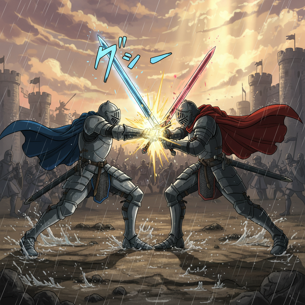 An epic duel between two knights in the image. They clash, their swords clashing with a loud clang, one knight pushes back his opponent and strikes back. Slow camera pan, heroic atmosphere, dramatic lighting, the feel of a medieval battle, smooth animation., Turn into anime style