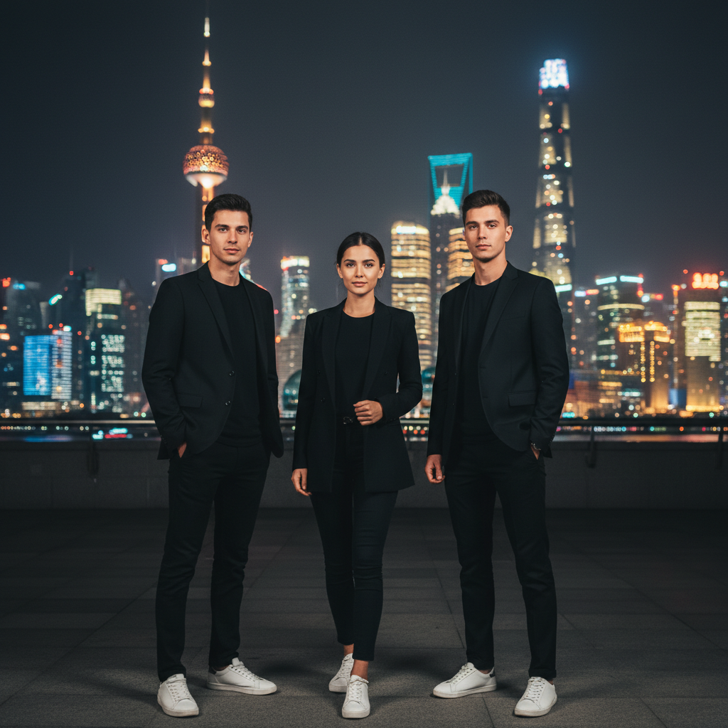 Ultra realistic professional photo, luxury night Shanghai skyline in the background, iconic skyscrapers with elegant golden and white lights, premium city atmosphere. Three close friends standing…