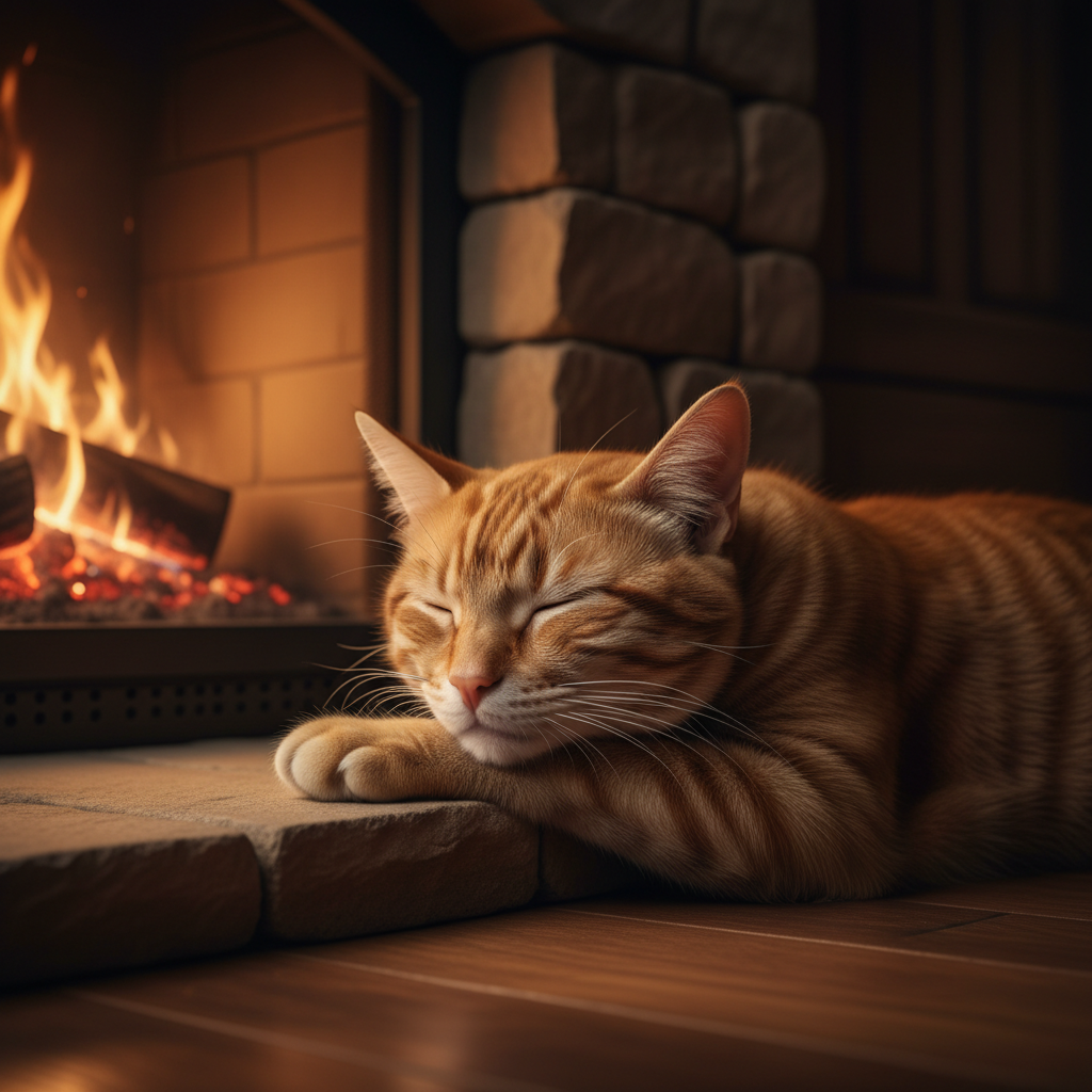 mid-distance. A calm, ultra-realistic video of an adult cat sleeping deeply beside a softly crackling fireplace at night, in a warm and cozy interior. The camera framing is intimate but not extreme —…
