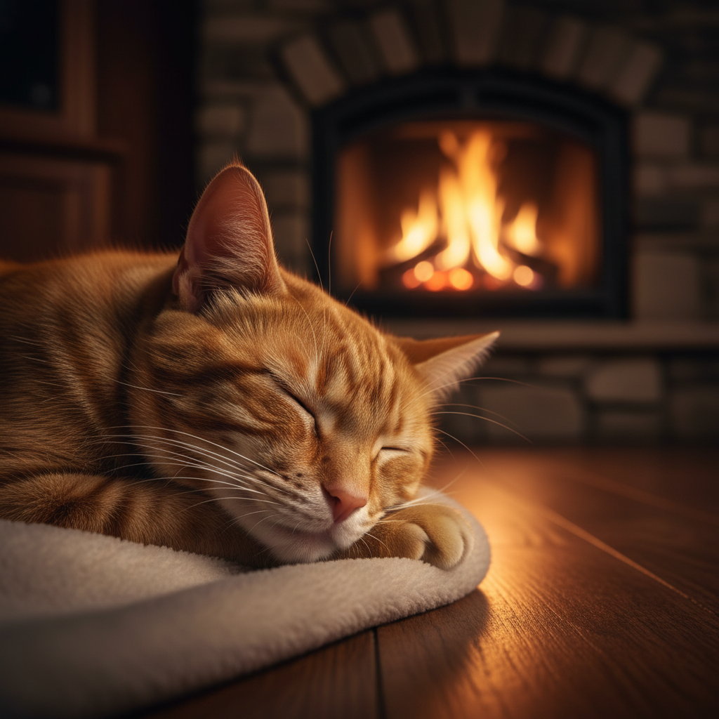 A calm, ultra-realistic video of an adult cat sleeping deeply beside a softly crackling fireplace at night, in a warm and cozy interior. The camera framing is intimate but not extreme — close enough to clearly see the cat’s face, whiskers, closed eyes, and gentle breathing, while still including part of the fireplace in the background. The cat’s head rests naturally on its paws. The cat’s fur is extremely detailed and photorealistic, with visible individual hairs, subtle micro-movements, and a slow, natural rise and fall of the chest from breathing. No sudden motion. Soft, warm firelight illuminates the scene, creating gentle highlights and shadows across the fur. The lighting flickers very slowly and naturally, with no harsh flashes or brightness changes. The fireplace produces steady, realistic crackling embers and a calm flame. No sparks, no abrupt changes. The environment feels safe, intimate, peaceful, and comforting — warm wooden textures, soft shadows, low ambient light, and a tranquil nighttime atmosphere. The camera is completely static and locked off — no zoom, no pan, no shake, no focus breathing, no camera movement of any kind. Ultra-high resolution 4K cinematic realism, natural depth of field, soft focus falloff, realistic lighting physics. Designed specifically for deep relaxation, anxiety relief, nervous system regulation, meditation, and sleep. Seamless loop friendly: no sudden movements, no scene changes, no transitions, consistent lighting and composition throughout., Make it cinematic lighting