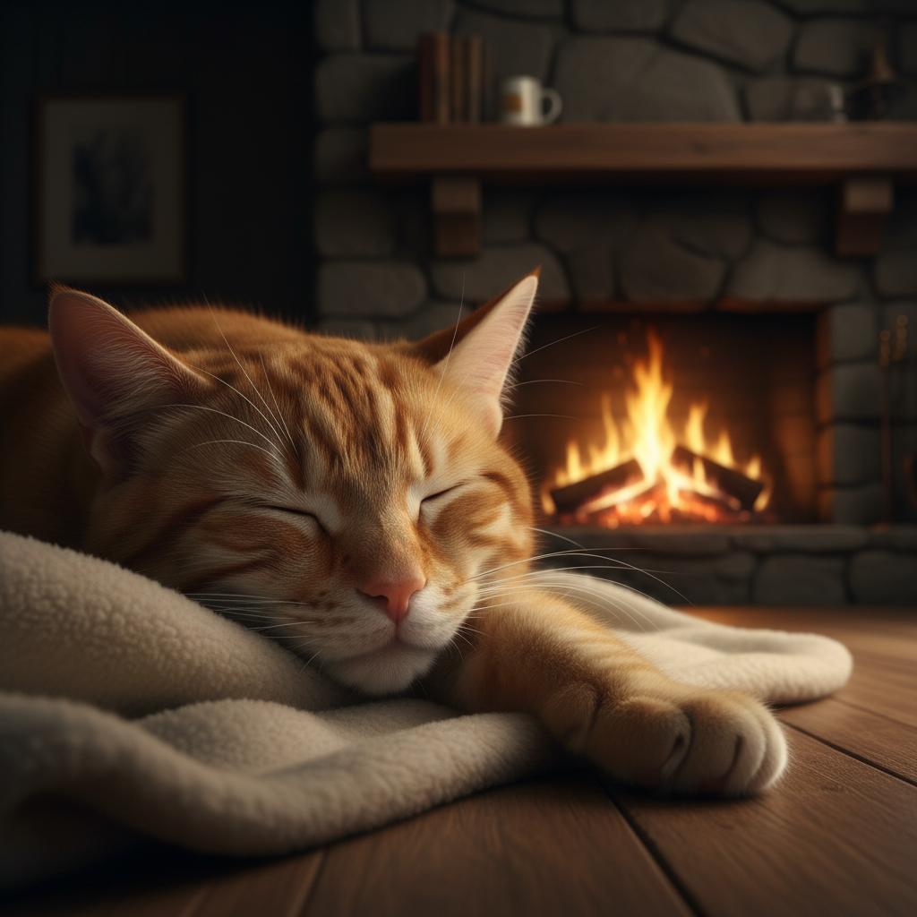 mid-distance A calm, ultra-realistic video of an adult cat sleeping deeply beside a softly crackling fireplace at night, in a warm and cozy interior. The camera framing is intimate but not extreme — close enough to clearly see the cat’s face, whiskers, closed eyes, and gentle breathing, while still including part of the fireplace in the background. The cat’s head rests naturally on its paws. The cat’s fur is extremely detailed and photorealistic, with visible individual hairs, subtle micro-movements, and a slow, natural rise and fall of the chest from breathing. No sudden motion. Soft, warm firelight illuminates the scene, creating gentle highlights and shadows across the fur. The lighting flickers very slowly and naturally, with no harsh flashes or brightness changes. The fireplace produces steady, realistic crackling embers and a calm flame. No sparks, no abrupt changes. The environment feels safe, intimate, peaceful, and comforting — warm wooden textures, soft shadows, low ambient light, and a tranquil nighttime atmosphere. The camera is completely static and locked off — no zoom, no pan, no shake, no focus breathing, no camera movement of any kind. Ultra-high resolution 4K cinematic realism, natural depth of field, soft focus falloff, realistic lighting physics. Designed specifically for deep relaxation, anxiety relief, nervous system regulation, meditation, and sleep. Seamless loop friendly: no sudden movements, no scene changes, no transitions, consistent lighting and composition throughout.