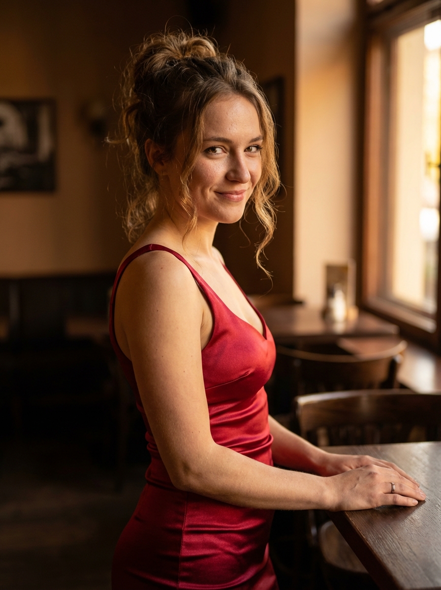 Mujer joven de 23 a 25 años, apariencia realista y natural, con una mirada enigmática y coqueta que transmite alegría y sensualidad sutil. Expresión viva y sugerente, sin exageraciones. Viste un vestido corto de satén rojo con caída realista y brillo suave, ajustado al cuerpo, destacando curvas proporcionadas: busto prominente, cintura estrecha y caderas redondeadas de forma armónica. Piel clara con textura natural, labios voluptuosos bien definidos. Cabello castaño claro recogido en un peinado casual, con mechones sueltos que revelan ondas naturales. Iluminación suave y cinematográfica, tonos cálidos, alto nivel de detalle, fotografía realista, enfoque nítido, profundidad de campo sutil, estética elegante y sensual. and hands, Enhance face and hands, Enhance face and hands, Enhance face and hands, Enhance face and hands, Enhance face and hands, Enhance face and hands, Enhance face and hands, Enhance face and hands, Enhance face and hands