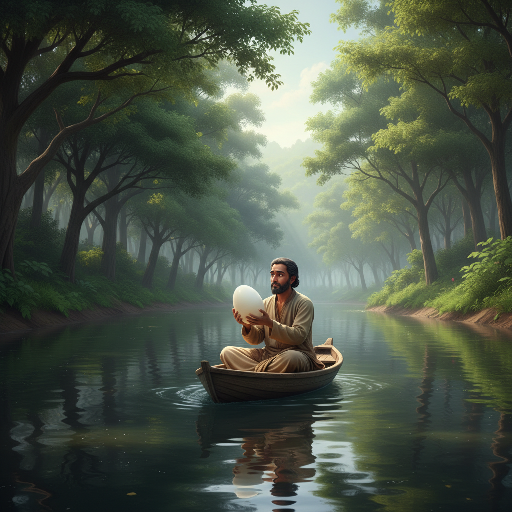 A cinematic wide shot of a calm flowing river surrounded by green trees, an Indian man sitting alone in a small wooden boat, holding a large white egg carefully in his hands, peaceful but emotional atmosphere, natural daylight, water reflections, cinematic storytelling, Indian YouTube animation style, hyper-realistic, ultra detailed, soft lighting, 4K quality, --ar 16:9