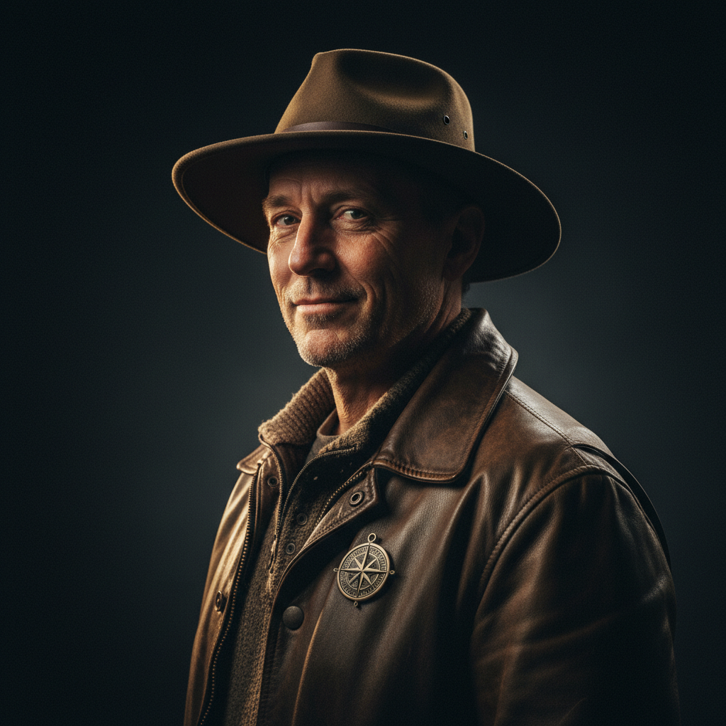 Cinematic portrait of a confident explorer, sharp focus, dramatic studio lighting, volumetric rim light, 85mm lens, high contrast, rich textures, ultra-detailed skin, subtle grain, award-winning…