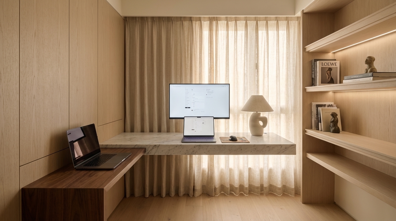 High-end interior design photography of this same room, fully renovated. Keep the room layout and main furniture positions, but upgrade materials, lighting, and decor. Ultra realistic, 8K, architectural photography, natural light, no people. Style: minimalist, very clean, few objects, lots of negative space, soft neutral palette.