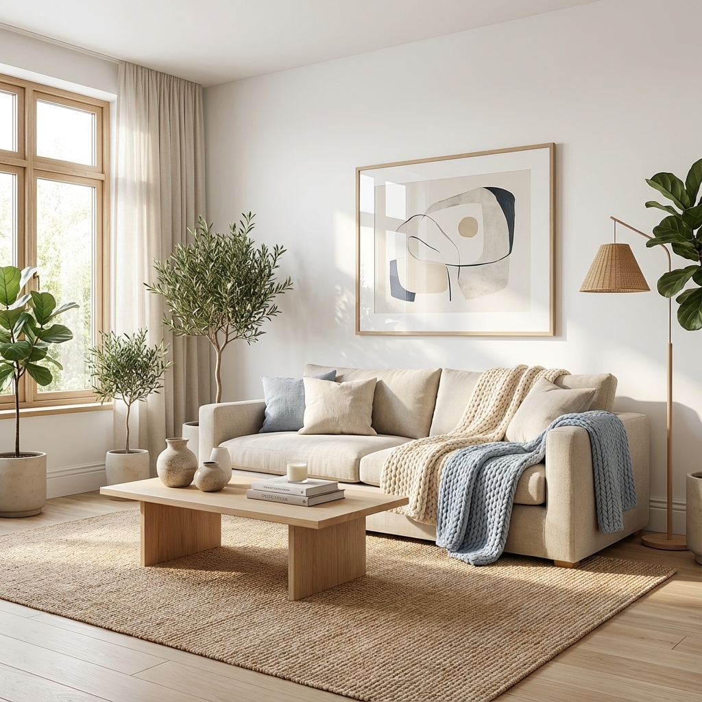 High-end interior design photography of this same room, fully renovated. Keep the room layout and main furniture positions, but upgrade materials, lighting, and decor. Ultra realistic, 8K, architectural photography, natural light, no people. Style: Scandinavian, bright white walls, light wood floors, simple furniture, cozy textiles, plants.