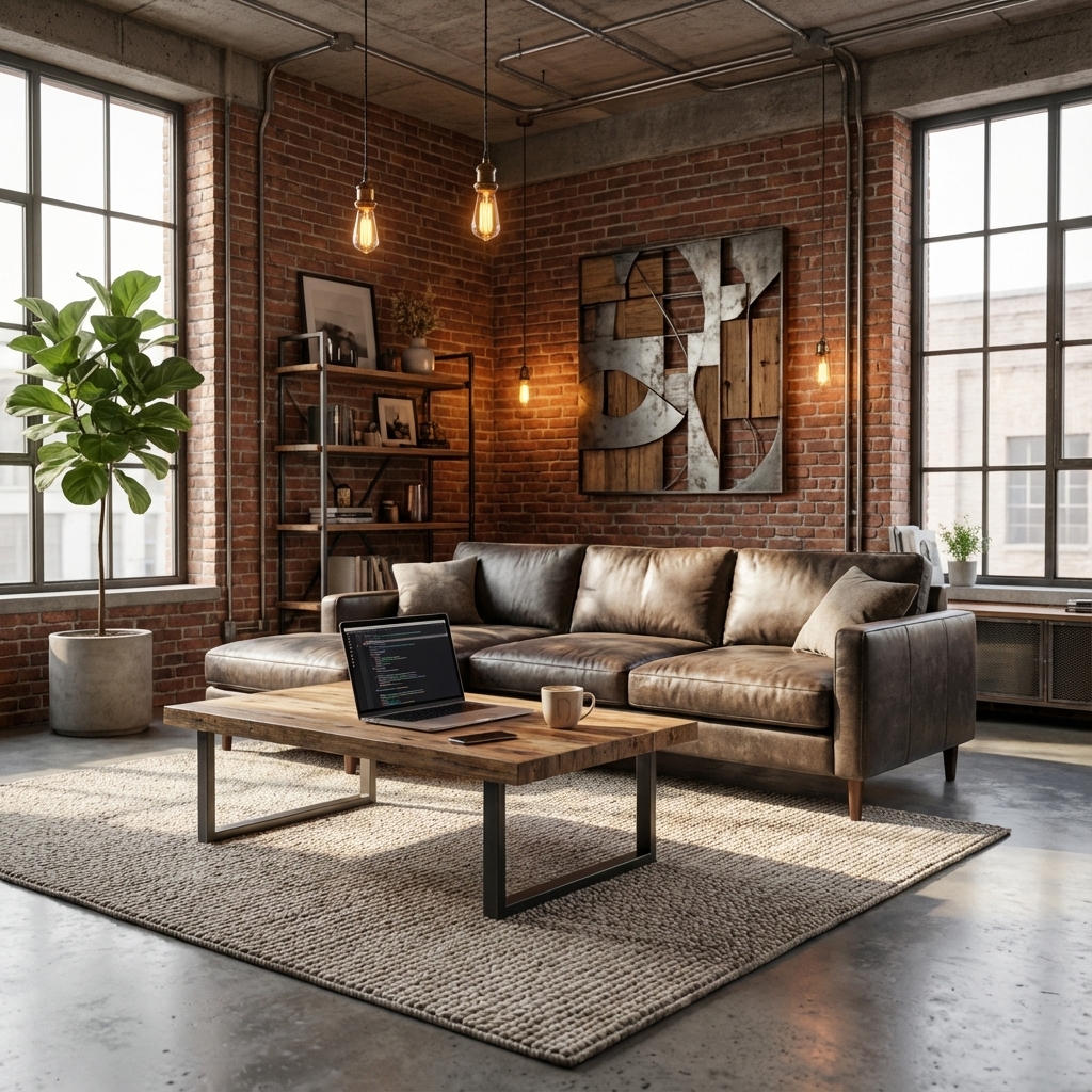 High-end interior design photography of this same room, fully renovated. Keep the room layout and main furniture positions, but upgrade materials, lighting, and decor. Ultra realistic, 8K, architectural photography, natural light, no people. Style: industrial loft, exposed brick, metal fixtures, concrete surfaces, warm moody lighting.