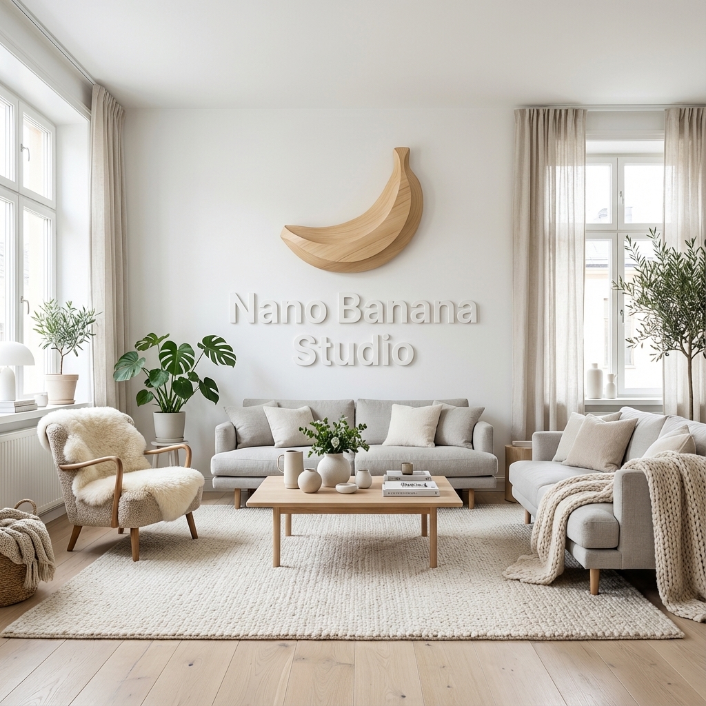 High-end interior design photography of this same room, fully renovated. Keep the room layout and main furniture positions, but upgrade materials, lighting, and decor. Ultra realistic, 8K, architectural photography, natural light, no people. Style: Scandinavian, bright white walls, light wood floors, simple furniture, cozy textiles, plants.