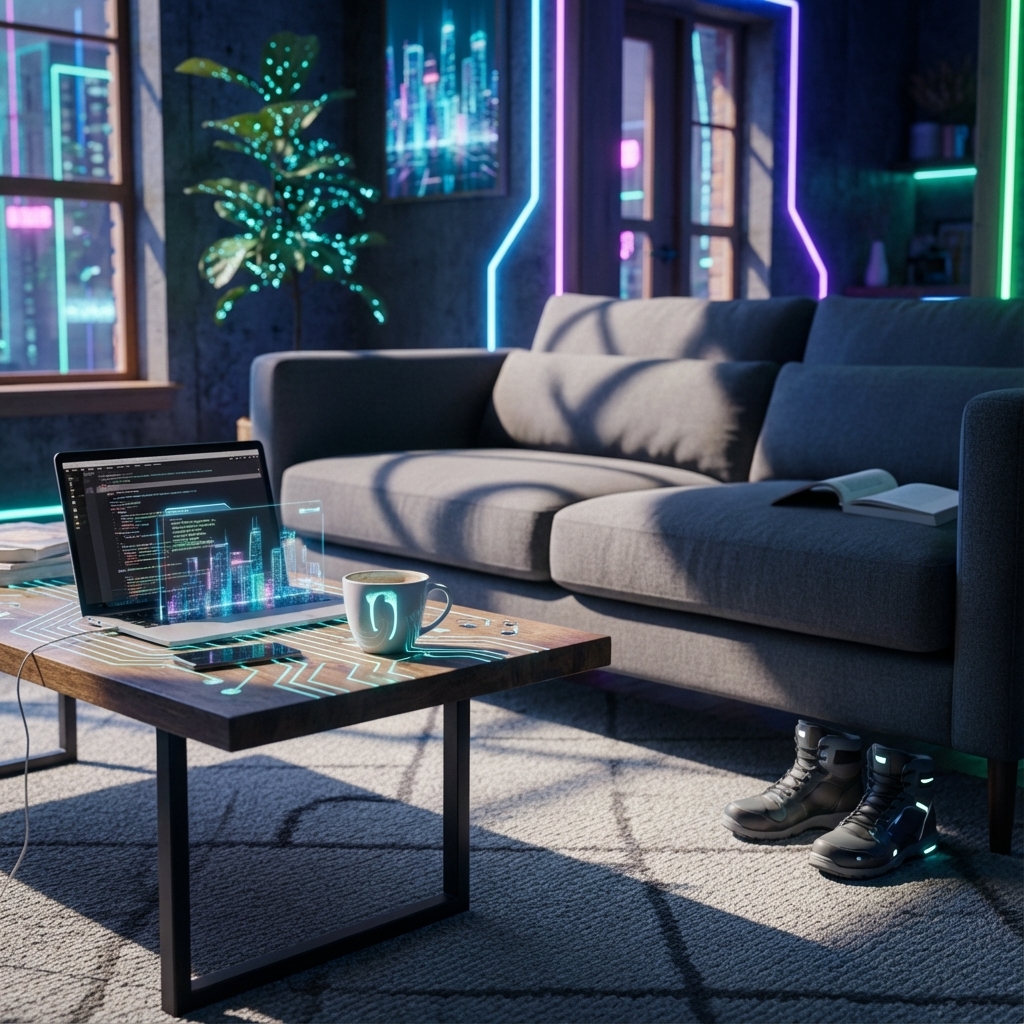 Reimagine this real room photo as an interior design concept. Keep the room layout, walls, windows, and main furniture, but update materials, colors, decor, and lighting. Reimagine it as a futuristic cyberpunk interior, neon accents, holographic displays, high-tech details, strong contrast lighting, 8k interior art, keep room layout and main furniture.