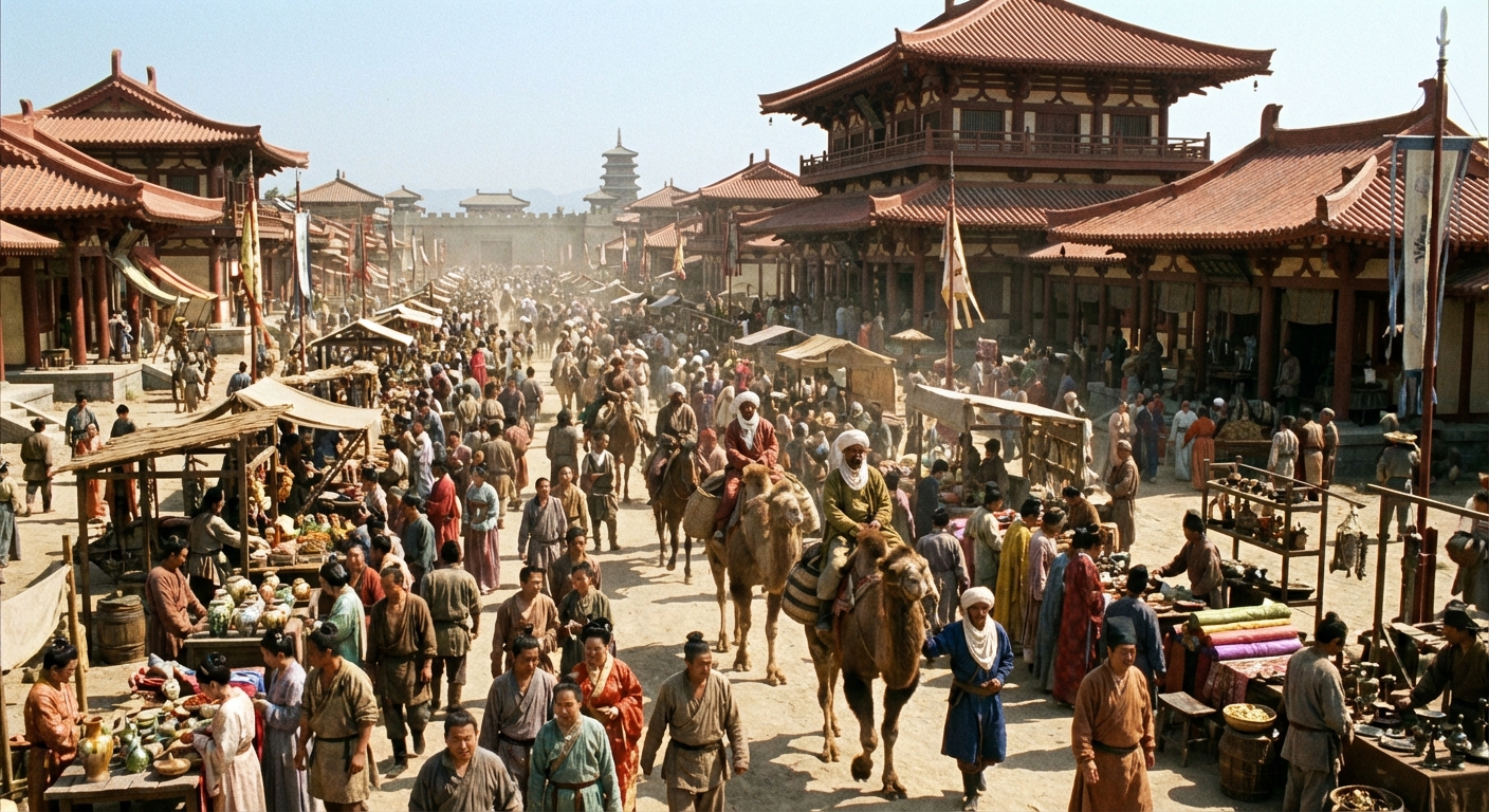 A bustling, wide-angle street scene in the West Market of Chang'an, Tang Dynasty, 750 AD, under bright midday sun. The shot is slightly elevated, looking down a wide, unpaved avenue filled with a diverse crowd. Merchants in flowing silk robes and commoners in simpler tunics haggle near timber stalls laden with exotic goods, Tang Sancai pottery, and rolled silks. Foreign merchants, some with turbans and distinct attire, lead laden camels and horses through the throng. In the background, grand multi-storied timber buildings with sweeping vermilion-tiled roofs and intricate eaves rise majestically, hinting at the city's opulence and power. Dust motes dance in the sunbeams, and the air is thick with the vibrant energy of a cosmopolitan capital.