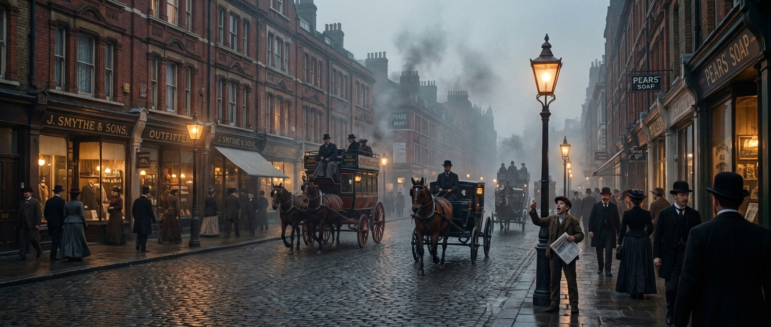 Wide-angle shot of a bustling London street in 1890. Gaslight glow illuminates damp cobblestones reflecting the light from shop windows and a subtle, atmospheric fog. Horse-drawn omnibuses and hansom cabs navigate the busy thoroughfare. Pedestrians, dressed in late Victorian attire—men in bowler hats and dark suits, women in long, tailored dresses with small hats or bonnets—stream along the pavements. Ornate red-brick terraced buildings with tall windows line the street, their ground floors housing shops with large display windows. A newsboy shouts headlines near a cast-iron lamppost, the air thick with the faint mist of coal smoke and an omnipresent urban hum.