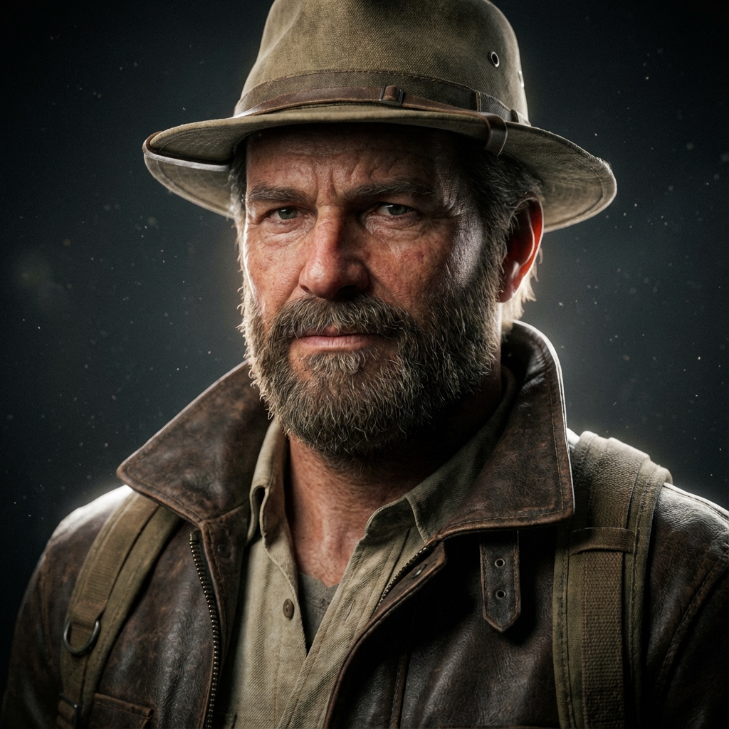 Cinematic portrait of a confident explorer, sharp focus, dramatic studio lighting, volumetric rim light, 85mm lens, high contrast, rich textures, ultra-detailed skin, subtle grain, award-winning photography
