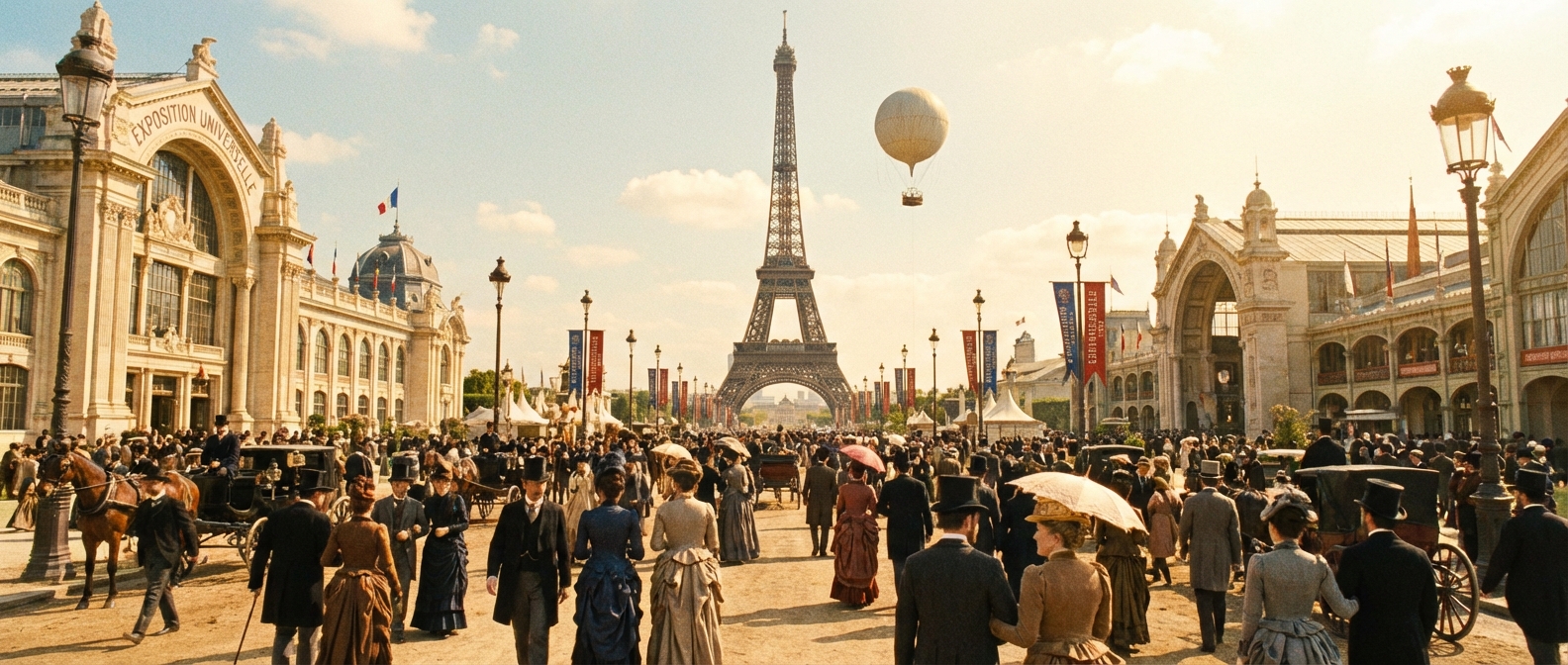 A vibrant, wide-angle view of the Champ de Mars in Paris, 1889, during the Exposition Universelle. The newly completed Eiffel Tower stands majestically at the center, its intricate ironwork soaring into a bright, clear daytime sky. Below, well-dressed crowds fill the fairgrounds and surrounding boulevards. Men wear dark tailored suits, bowler hats, or top hats, some carrying canes. Women are elegantly adorned in long, flowing late-Victorian dresses, often with decorated bodices and wide-brimmed hats, many holding parasols. Horse-drawn carriages and gas lamps are visible on the periphery, amidst a lively atmosphere of wonder and discovery. Sunlight bathes the scene, highlighting the architectural grandeur and the diverse, bustling throngs of visitors.
